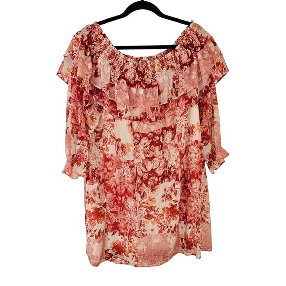 House of Harlow 1960 Pink White Red Off Shoulder Flowy Dress Sz L - Picture 4 of 8